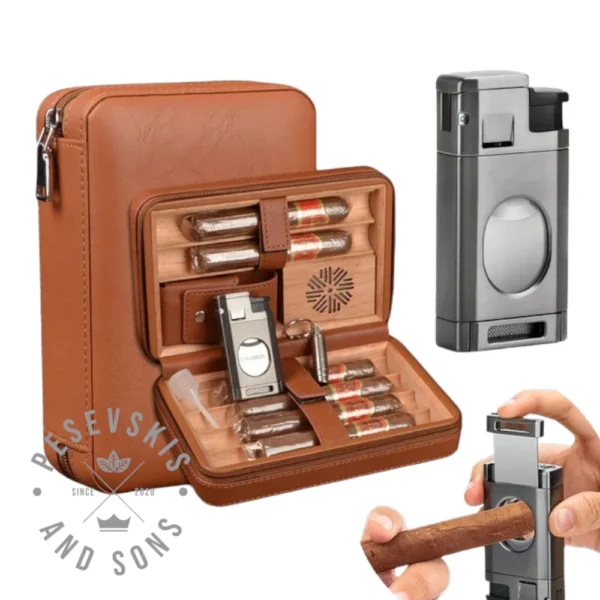 Putna Kožna Torbica, Futrola za Cigare + Upaljač i V-Cut Sekač