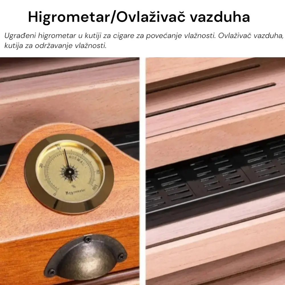 humidor sa analognim higrometrom na drvenom humidoru za tompuse