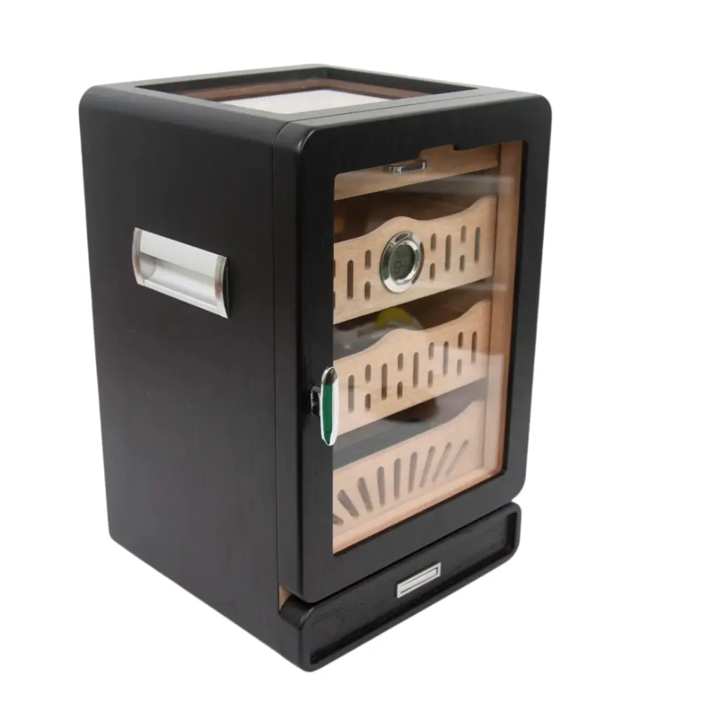 kabinet-crni-stakleni-poklopac-pesevski Drveni Humidor Kabinet sa Staklenim Poklopcem za Cigare