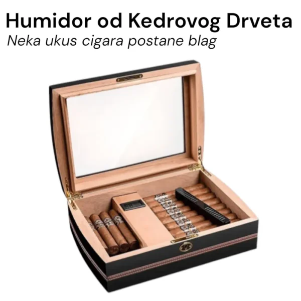 Unutrašnjost humidora od kedrovog drveta sa digitalnim higrometrom i ovlaživačem
