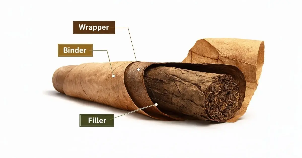 Grafički prikaz poprečnog preseka cigare: prikazuje wrapper, binder, filler