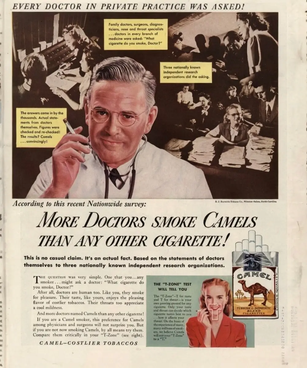 Vintage reklama za Camel cigarete u kojoj lekar preporučuje cigarete sa sloganom “More doctors smoke Camels than any other cigarette”