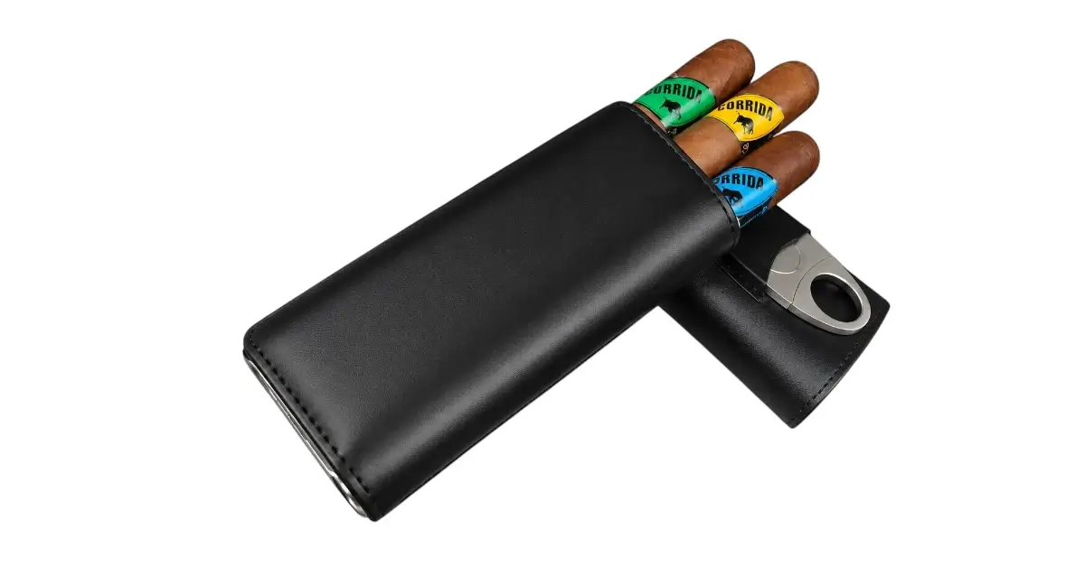 Kožna Futrola za 3 Cigare Metalno dno + Sekac - Boja Crna